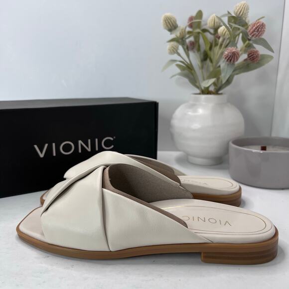 Vionic Miramar Leather Slide Sandal Cream Women's 8M NWB Comfort Arch Support - Picture 1 of 10